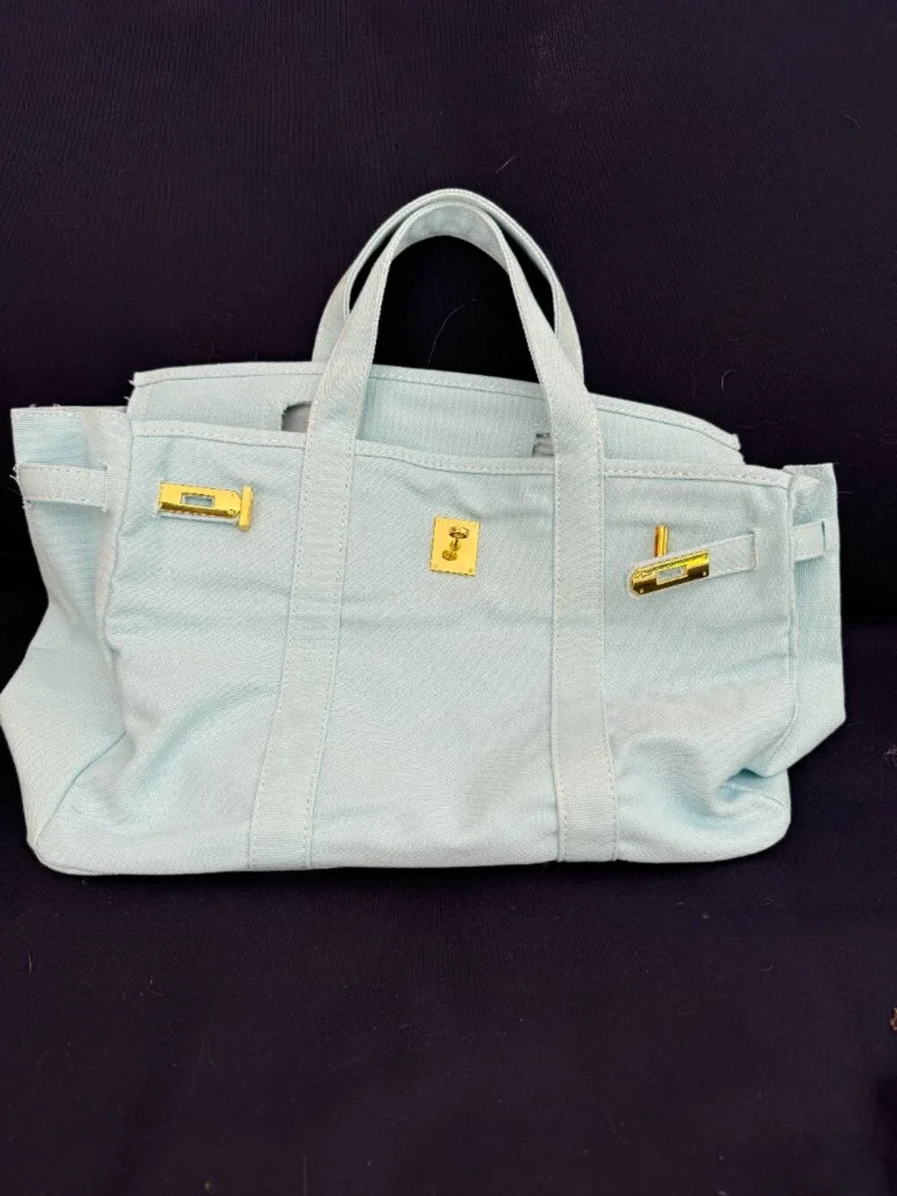 NWOT Boatkin Birkin Canvas Bag Tote Light Blue Gold Color Hardware